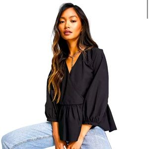 ASOS DESIGN wrap smock top with peplum hem in black. Size 4.